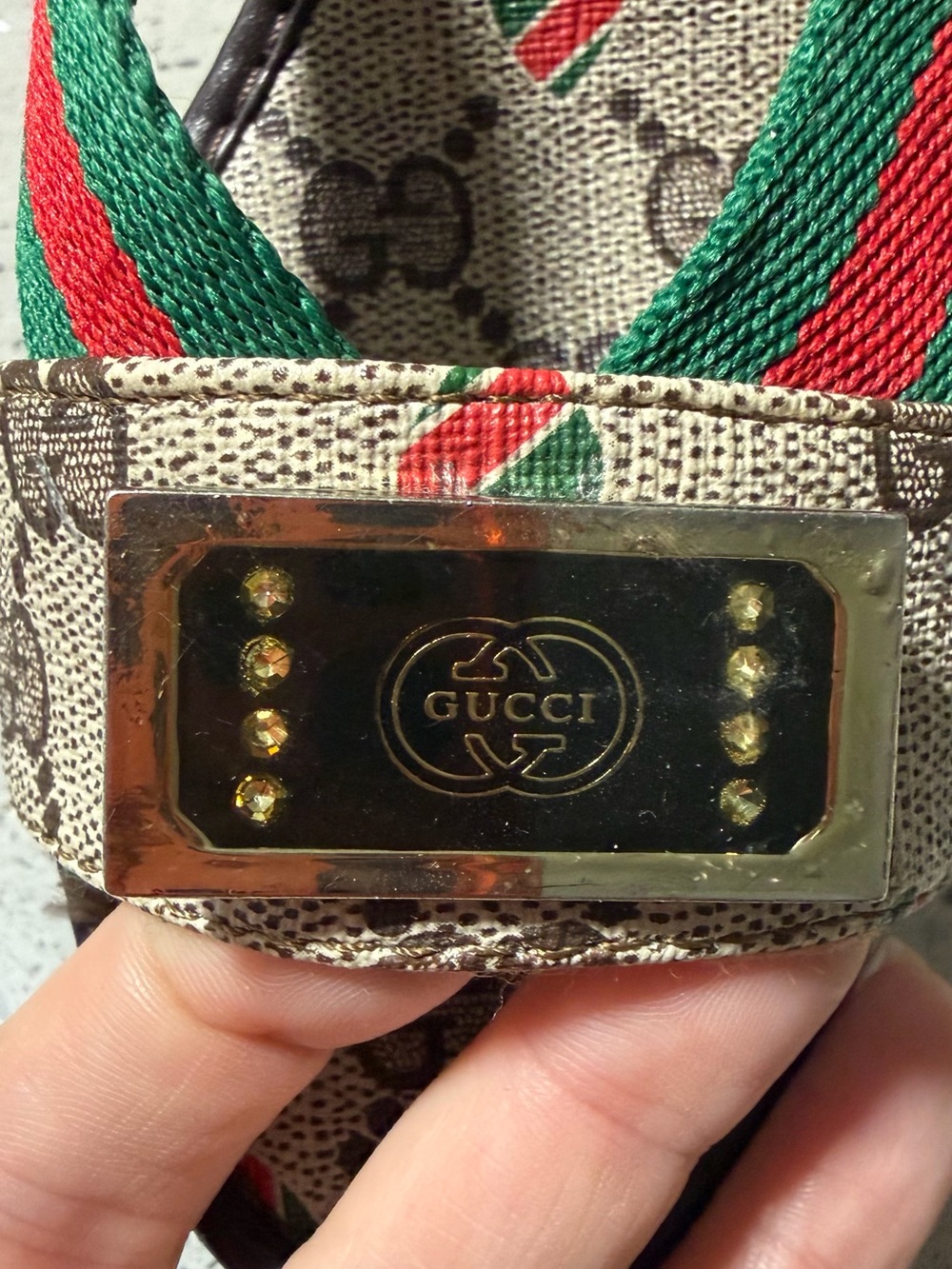 Gucci Brown Monogram Wedge Sandals with Red and Green Webbing - Picture 3 of 5